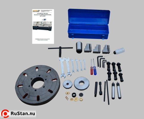 В ЗИП входят ключи, масленка, обратные каленые кулачки, неподвижный центр МТ №4, конус-переходник с МТ-6 на МТ-4, сменные шестерни для гитары, планшайба, набор ключей и руководство пользователя. фото №19 METAL MASTER Z46100 фото №19